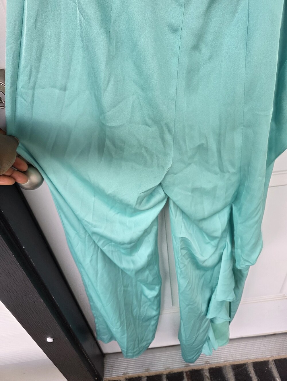 Dress The Population Mint Green Satin Wide Leg Jumpsuit Ruched Cowl Neck Size M - Picture 5 of 12